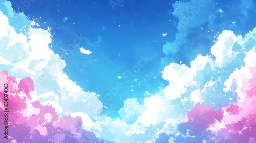 A vibrant sky filled with fluffy clouds in shades of blue and pink, creating a serene and dreamy atmosphere.