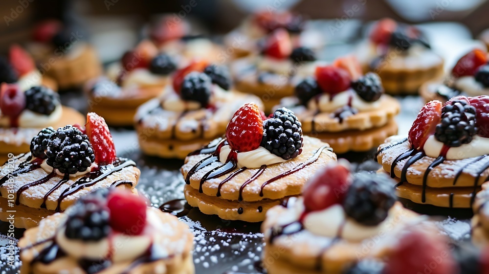 A delightful array of biscuits with fruit and cream drizzled on top A delightful array of biscuits with fruit and cream drizzled on top