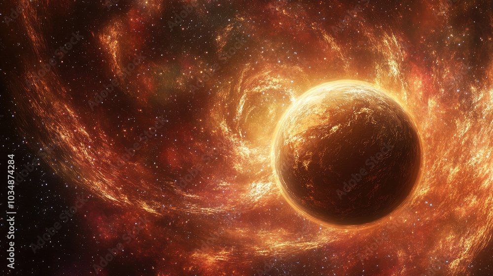 Cartoon rendering in 3D of a planet amidst swirling nebulae in space Cartoon rendering in 3D of a planet amidst swirling nebulae in space