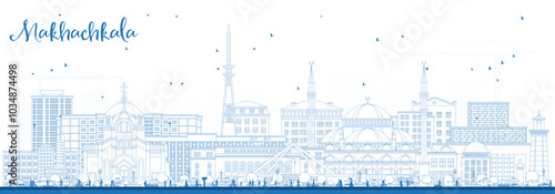 Outline Makhachkala Russia city skyline with blue buildings. Makhachkala cityscape with landmarks. Business travel and tourism concept with modern and historic architecture.