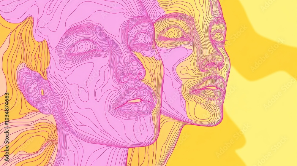 Line art illustration featuring two interconnected faces created with a single continuous line set against a pink and yellow background Line art illustration featuring two interconnected faces created with a single continuous line set against a pink and yellow background