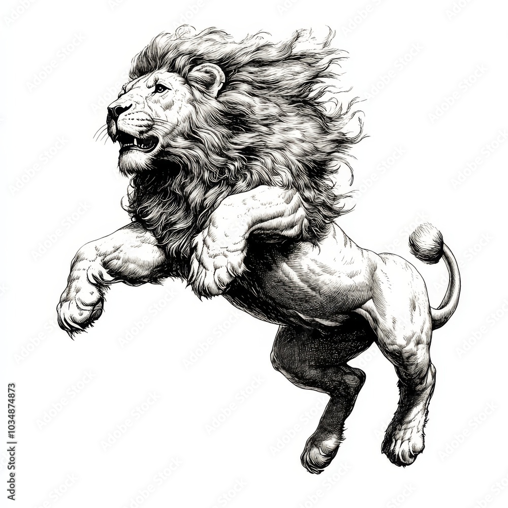 Fototapeta premium Powerful Lion Roar: A Black and White Drawing of a Majestic Animal