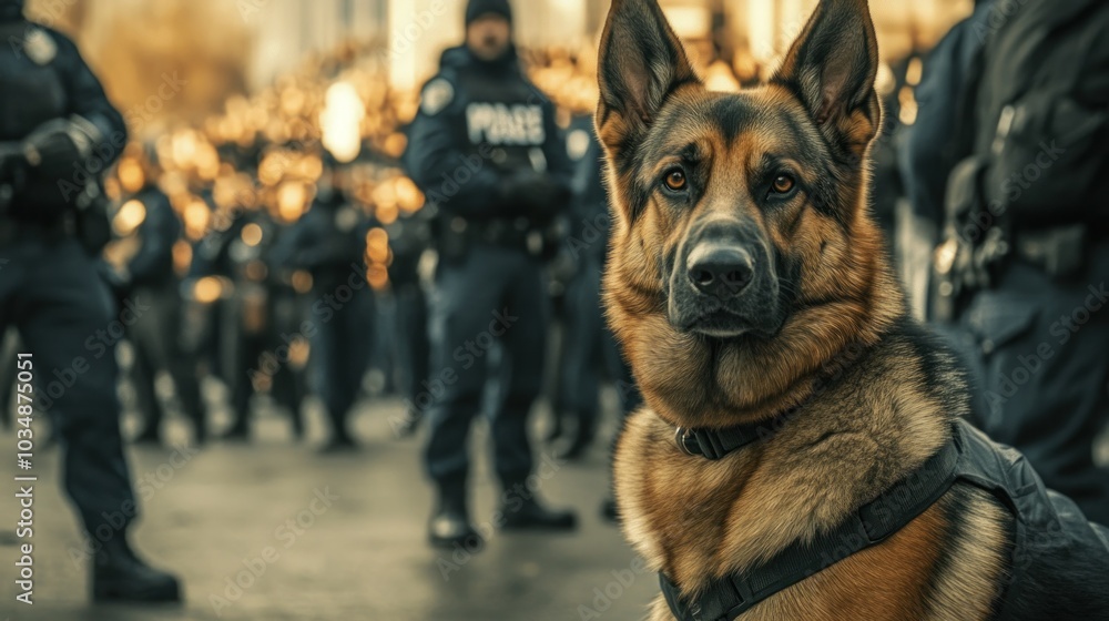 A police dog for crowd control, standing with officers at a public event, prepared to assist in maintaining order and managing large crowds A police dog for crowd control, standing with officers at a public event, prepared to assist in maintaining order and managing large crowds