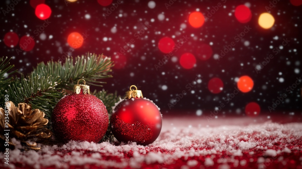 A festive arrangement featuring red ornaments, pine, and snow, creating a holiday atmosphere. A festive arrangement featuring red ornaments, pine, and snow, creating a holiday atmosphere.