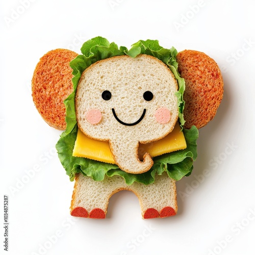 Cute sandwich shaped like an elephant with lettuce, cheese, and bread. photo