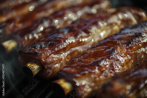 Close-up of BBQ ribs grilling on a barbecue grill with smoke and flames. photo