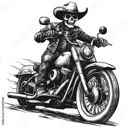 Skeleton Rider on a Vintage Motorcycle Illustration photo