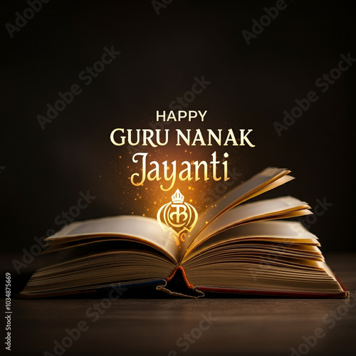 Open book with glowing "Happy Guru Nanak Jayanti" text