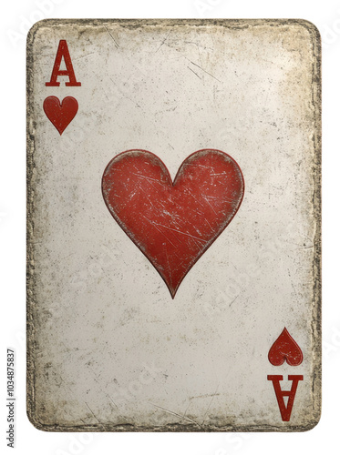 Worn ace of hearts card with vintage texture and transparent background.