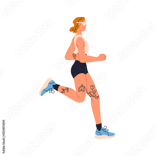 Female runner jogging. Woman, girl athlete running. Jogger exercising, physical training. Active healthy cardio sport workout for endurance. Flat vector illustration isolated on white background