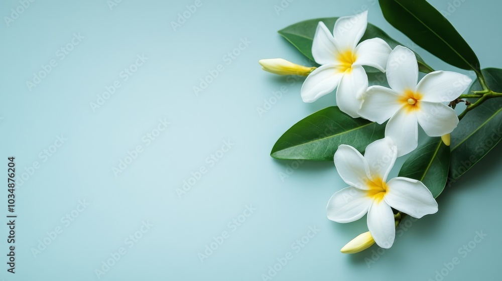 A serene arrangement of white flowers and green leaves on a soft blue background. A serene arrangement of white flowers and green leaves on a soft blue background.