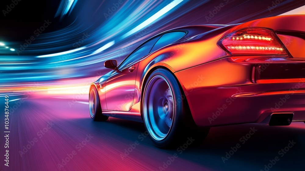 A sleek car in motion, illuminated by vibrant lights, showcasing speed and modern design. A sleek car in motion, illuminated by vibrant lights, showcasing speed and modern design.
