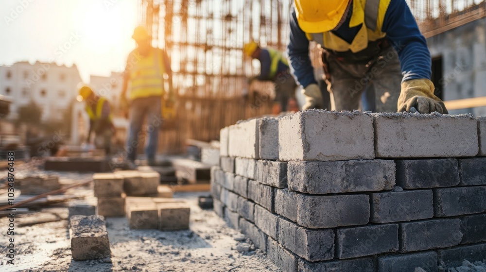 Bricklayers and construction workers at a site, carefully building walls and structures, highlighting their expertise in construction techniques Bricklayers and construction workers at a site, carefully building walls and structures, highlighting their expertise in construction techniques