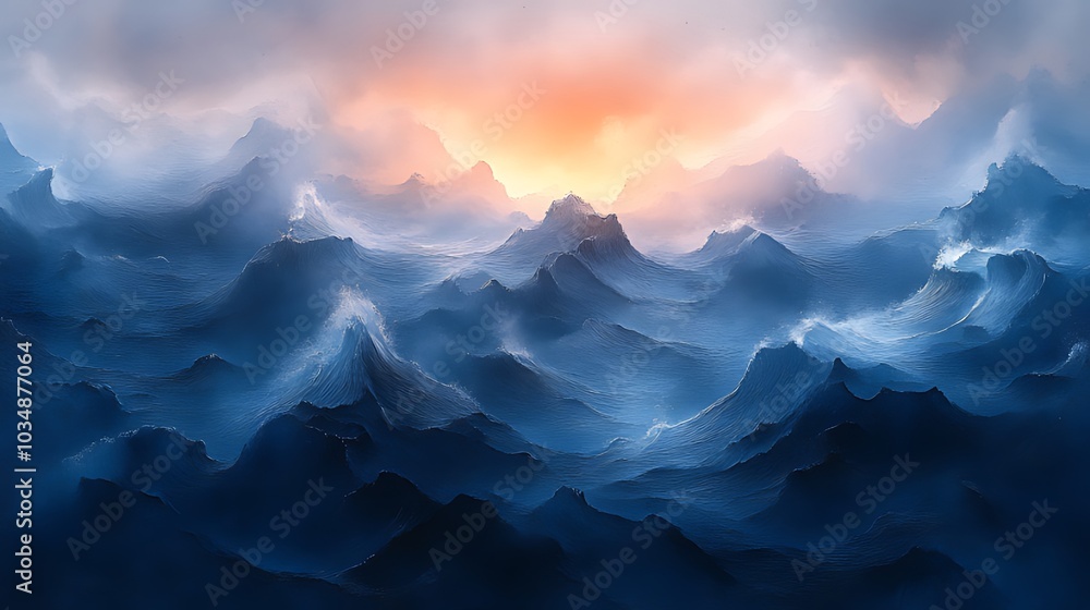 A dramatic, colorful, and misty mountain range at sunrise. A dramatic, colorful, and misty mountain range at sunrise.