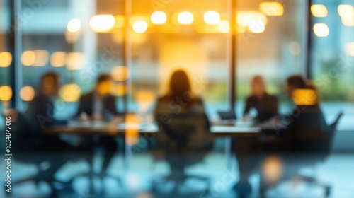 blurred photo of business people sitting around the table in an office, captured from behind and in focus, symbolizing collaboration within company or between different quaint style icons.