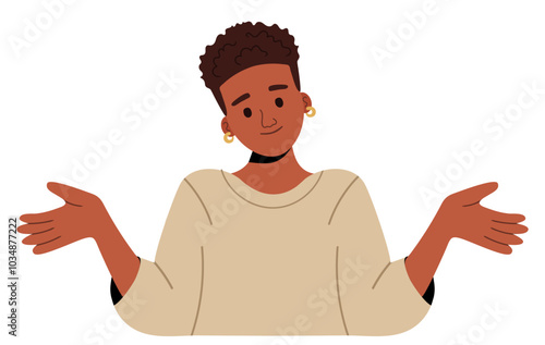 Woman of African American ethnicity wear white casual clothes spread hand shrugging shoulders looking puzzled. Flat vector illustration isolated on white background