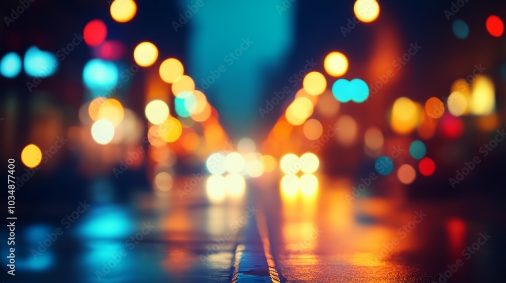 A blurred urban street scene illuminated by colorful lights on a rainy night.