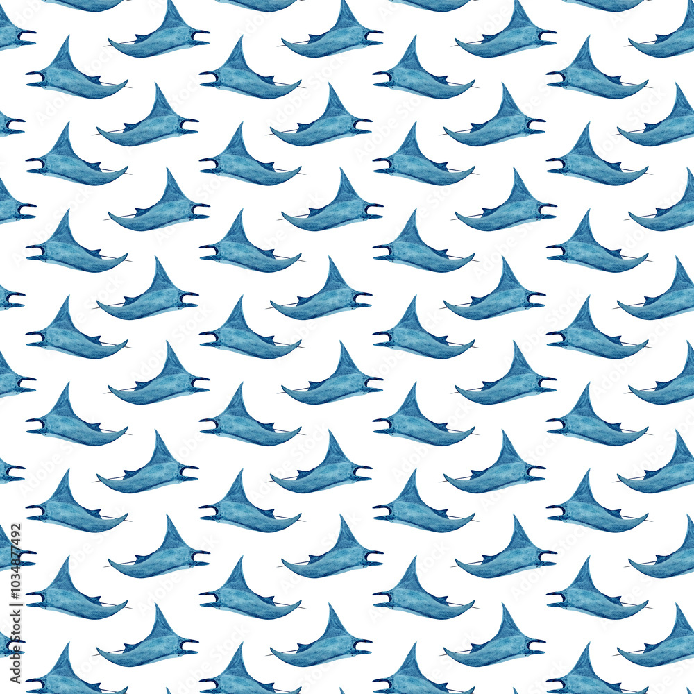 Obraz premium Manta ray wave watercolor seamless pattern isolated on white. High quality hand-drawn monochromatic illustration for notebooks, posters, wallpaper, textile, beach towel, wrapping paper and room decor