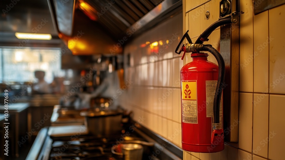 Kitchen fire safety, with a fire extinguisher hanging on the wall and a visible fire alarm, showcasing preparedness in preventing fire disasters Kitchen fire safety, with a fire extinguisher hanging on the wall and a visible fire alarm, showcasing preparedness in preventing fire disasters