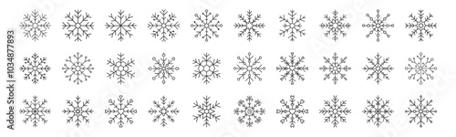 Snowflake line icon set. Vector pictograms of minimalist, abstract snow flake designs, twig-like, diamond-shaped, spiky thin linear illustration for Christmas and New Year.