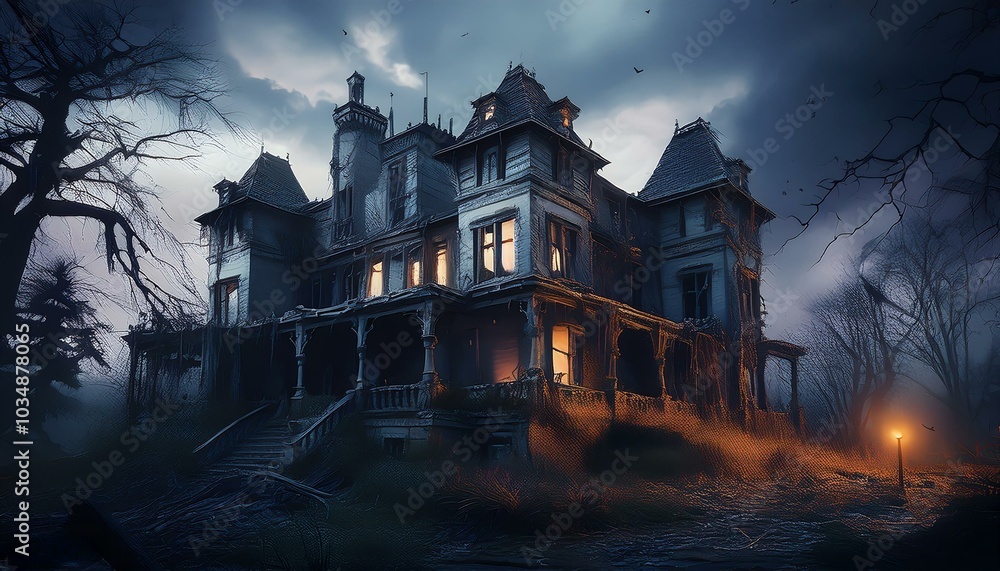 A haunting glow emanates from the windows of this decaying Victorian mansion. A haunting glow emanates from the windows of this decaying Victorian mansion.