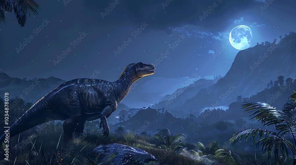 Fototapeta premium A dinosaur in an area of highlands and night