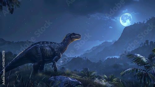 Fototapeta Naklejka Na Ścianę i Meble -  A dinosaur in an area of highlands and night