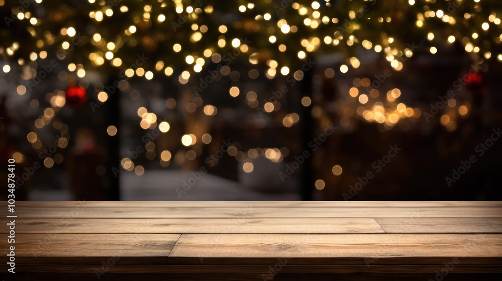 photograph of Empty wooden table with christmas theme in background photograph of Empty wooden table with christmas theme in background