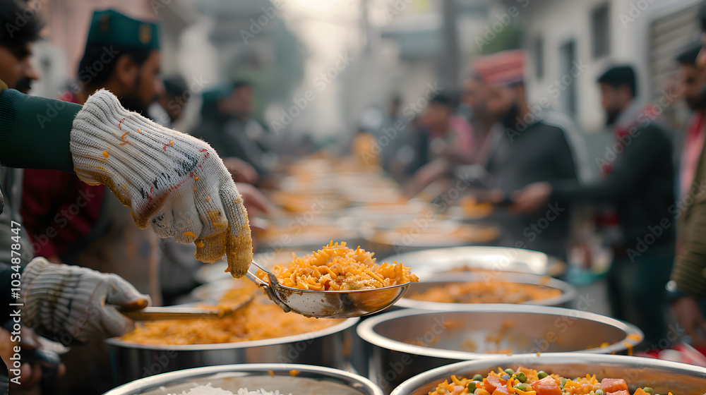 Indian men volunteer in gloved serving langar dish on the street on Baisakhi holiday, idea of spirit of mutual help Indian men volunteer in gloved serving langar dish on the street on Baisakhi holiday, idea of spirit of mutual help