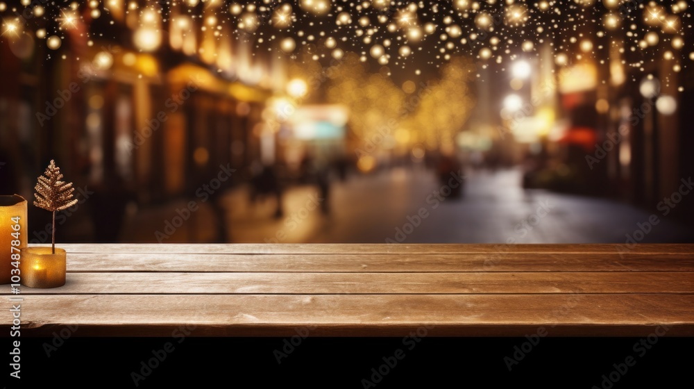photograph of Empty wooden table with christmas theme in background photograph of Empty wooden table with christmas theme in background