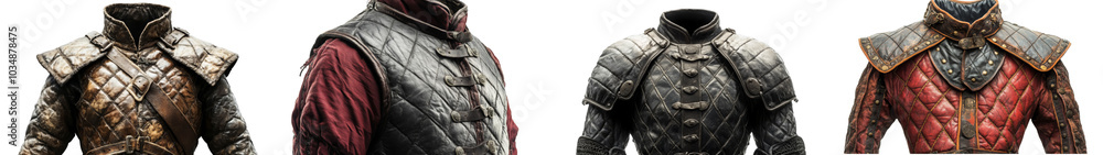 Four variations of a leather armor jacket, each with unique details and color schemes. Four variations of a leather armor jacket, each with unique details and color schemes.