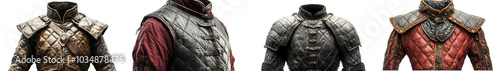 Four variations of a leather armor jacket, each with unique details and color schemes.