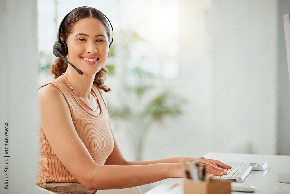 Obraz premium Woman, portrait and headset in office with smile, contact and happy for connectivity. Virtual assistant, business and typing at computer for innovation, email feedback and advice at help desk in Peru