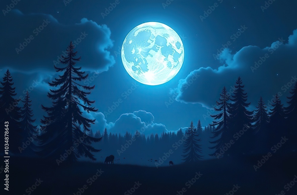 Bright glowing full moon in the sky. Mystery Moonshine. Dark blue night, evening sky. Forest, trees silhouettes on the front. Halloween mood. 3D render. Aerial landscape. Seamless loop 4K animation Bright glowing full moon in the sky. Mystery Moonshine. Dark blue night, evening sky. Forest, trees silhouettes on the front. Halloween mood. 3D render. Aerial landscape. Seamless loop 4K animation