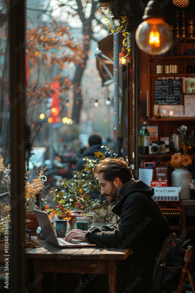 Working with comfort: young man using his laptop in a cozy café Working with comfort: young man using his laptop in a cozy café
