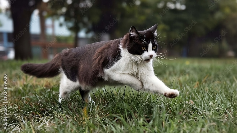 black and white cat running on the grass black and white cat running on the grass