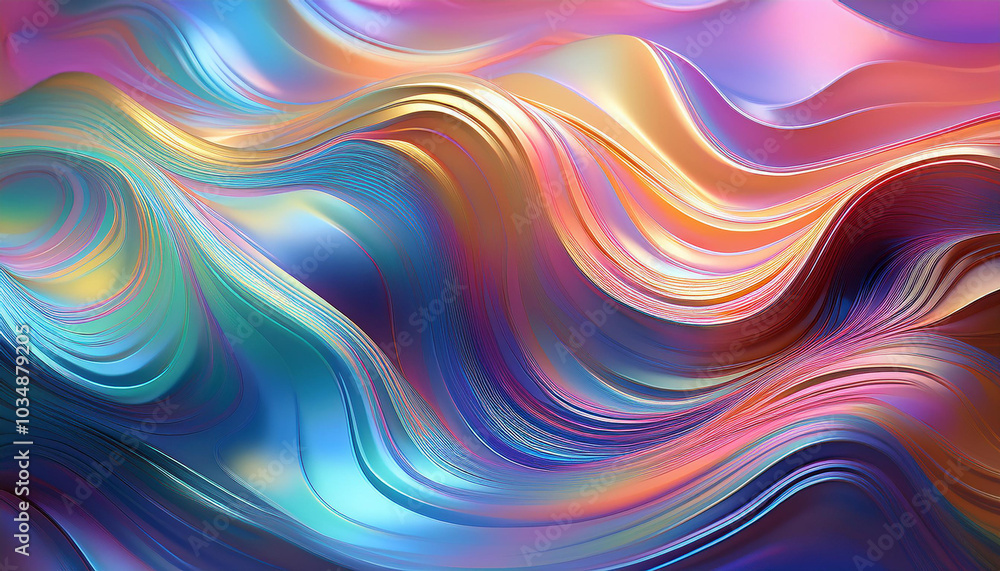 Obraz premium prismatic iridescent gradient surface with wavy motion and abstract shapes background
