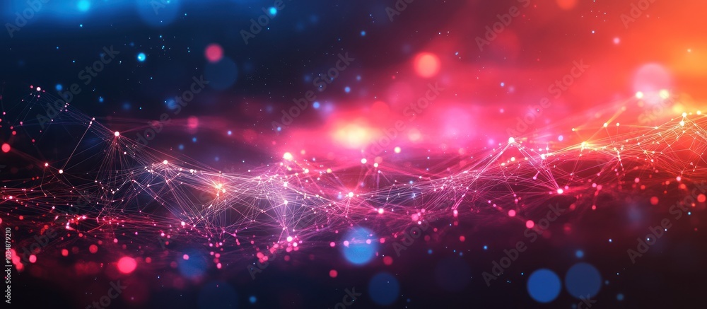 Abstract glowing red and blue digital network background with connected dots and lines. Abstract glowing red and blue digital network background with connected dots and lines.