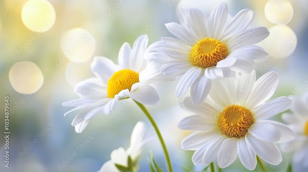 Fototapeta premium A close-up of white daisies with yellow centers against a soft, blurred background of light.