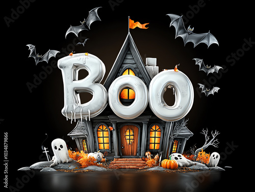 Spook-tacular bold boo haunted house with bats in flight perfect for halloween decor and festivities photo