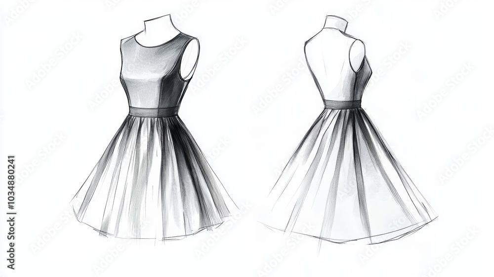 Ultra detailed, photorealistic fashion design sketch of a romantic tiered dress Ultra detailed, photorealistic fashion design sketch of a romantic tiered dress