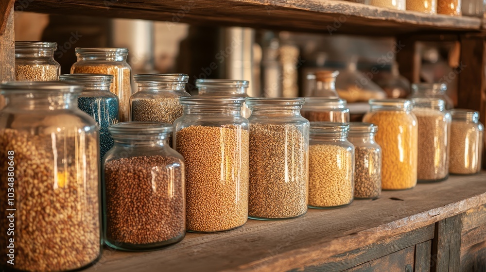 A shelf filled with glass jars containing various types of grains, legumes, and seeds. A shelf filled with glass jars containing various types of grains, legumes, and seeds.