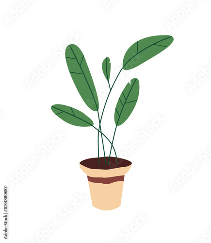 Icon of abstract houseplant in pottery flowerpot. Home flower, exotic plant with big green leaves in ceramic pot. Tropical floral interior decoration. Flat isolated vector illustration on white