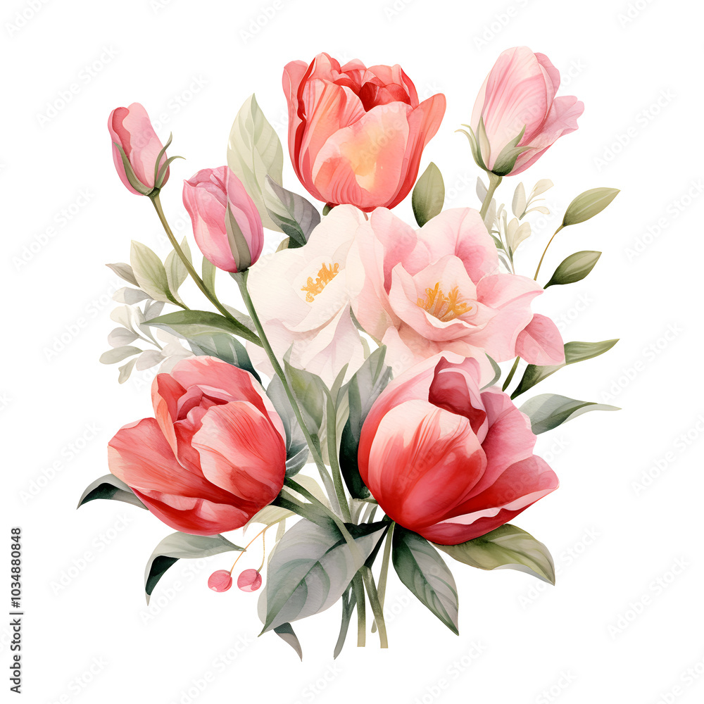 Fototapeta premium delicate watercolor roses and tulips arrangement, ideal for card design, home decor, and artistic projects