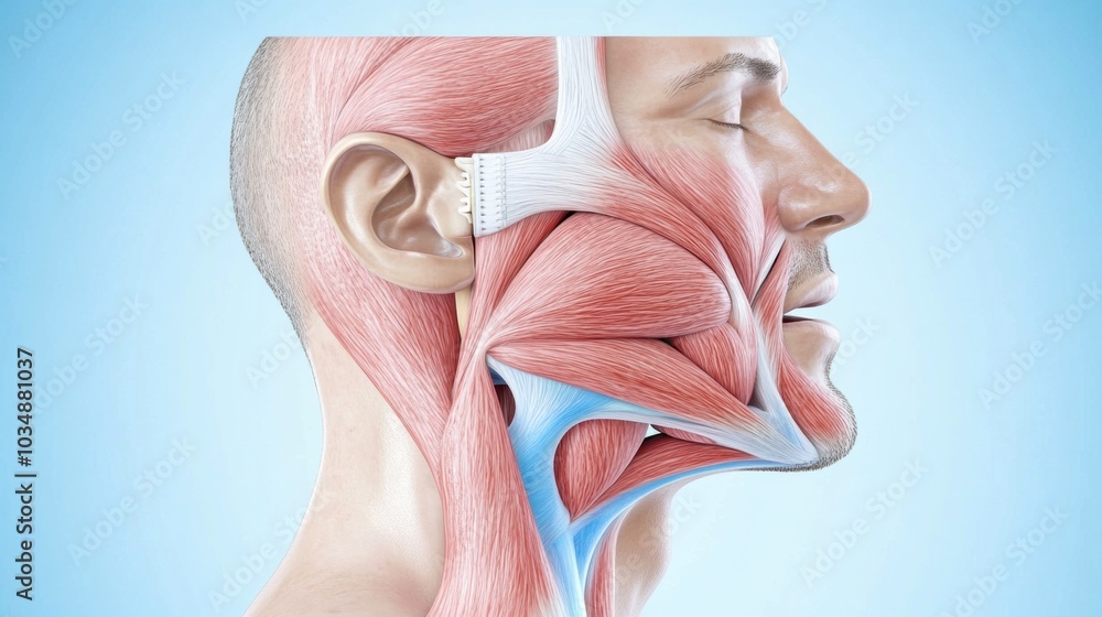 Detailed 3D Anatomy Render of Human Head and Neck Muscles in Profile Detailed 3D Anatomy Render of Human Head and Neck Muscles in Profile