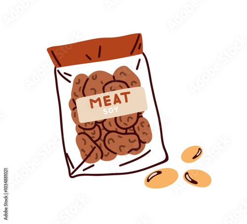 Soy meat product. Vegan plant-based protein alternative, soya pieces in bag package. Healthy vegetarian soybean food, veg soja produce in pack. Flat vector illustration isolated on white background