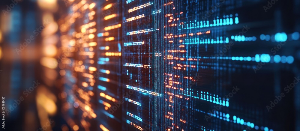 Abstract digital code with blue and orange glowing lines on a black background. Abstract digital code with blue and orange glowing lines on a black background.