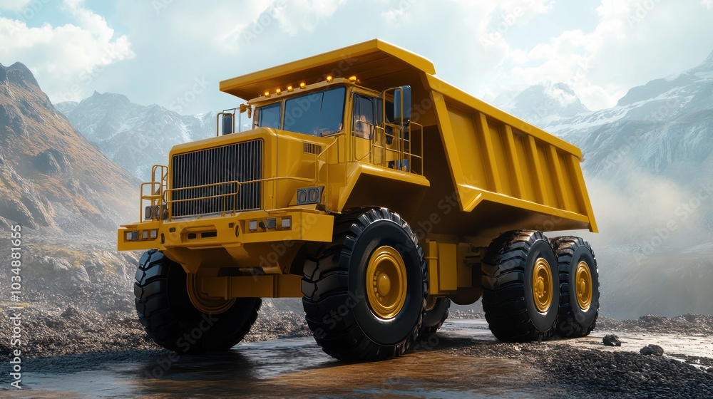 Yellow Dump Truck in Mountainous Terrain Yellow Dump Truck in Mountainous Terrain