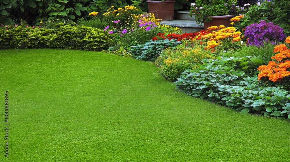 Obraz premium A lovely home with a vibrant lawn and neatly arranged bushes around the entrance, creating a picturesque and inviting setting.