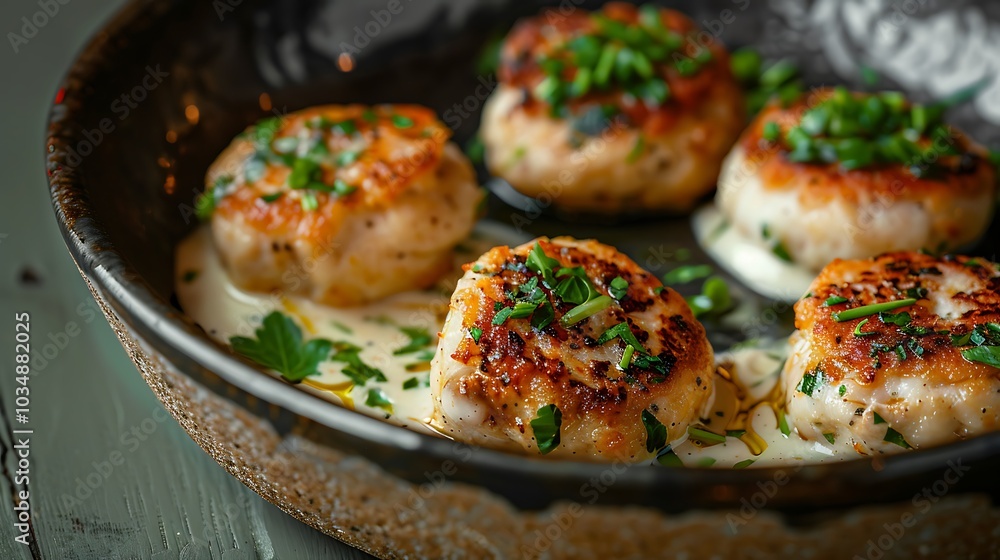 A dish of savory housemade chicken patties with mayonnaise A dish of savory housemade chicken patties with mayonnaise